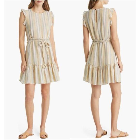 NWT Marine Layer Laney Mini Dress Sz Med Beachy Stripe Linen Blend Ruffle yellow - Picture 1 of 10